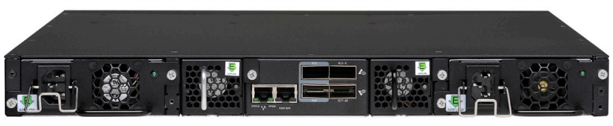 The Brocade ICX 6610 provides four 40 Gbps high-performance QSFP stacking ports (center) and dual, hot-swappable load-sharing power supplies and fan trays (left and right).