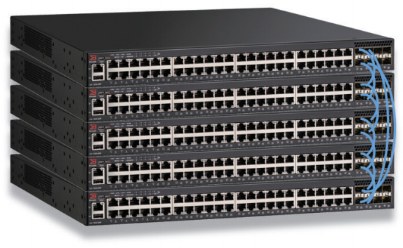 Figure 1: Up to 12 RUCKUS ICX 7250 Switches can be stacked together using up to four full-duplex SFP+ 10 Gbps ports for a fully redundant backplane with 480 Gbps of aggregated stacking bandwidth.